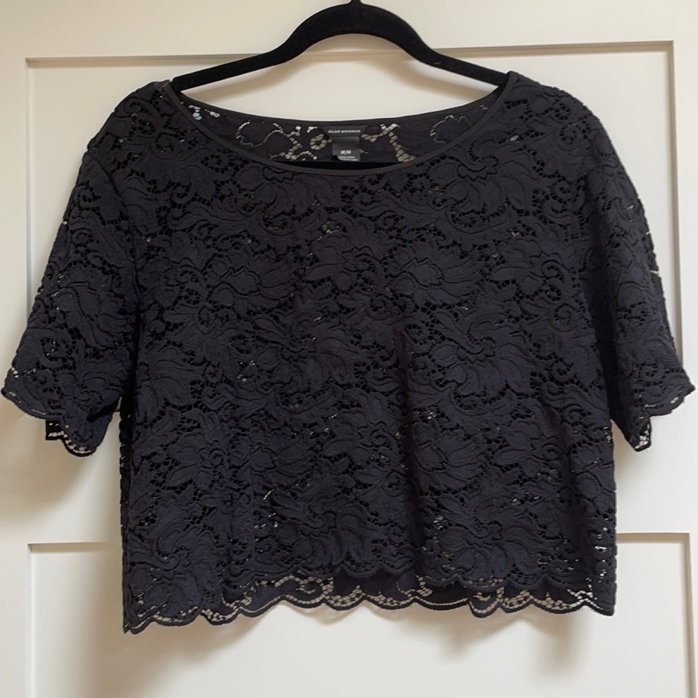 Club Monaco Cropped Lace Top in Black Size M